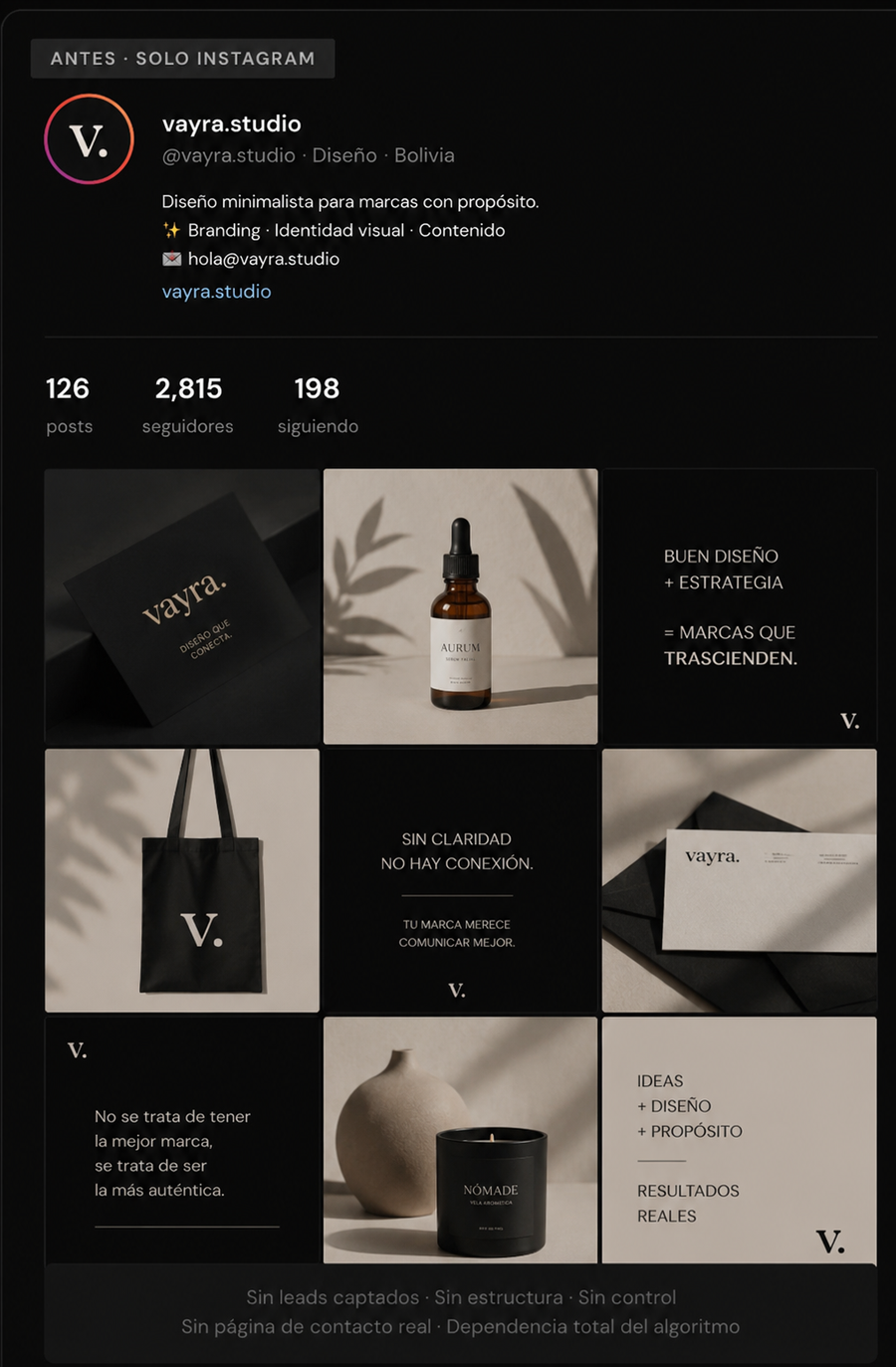 Perfil de Instagram sin estructura web — Antes